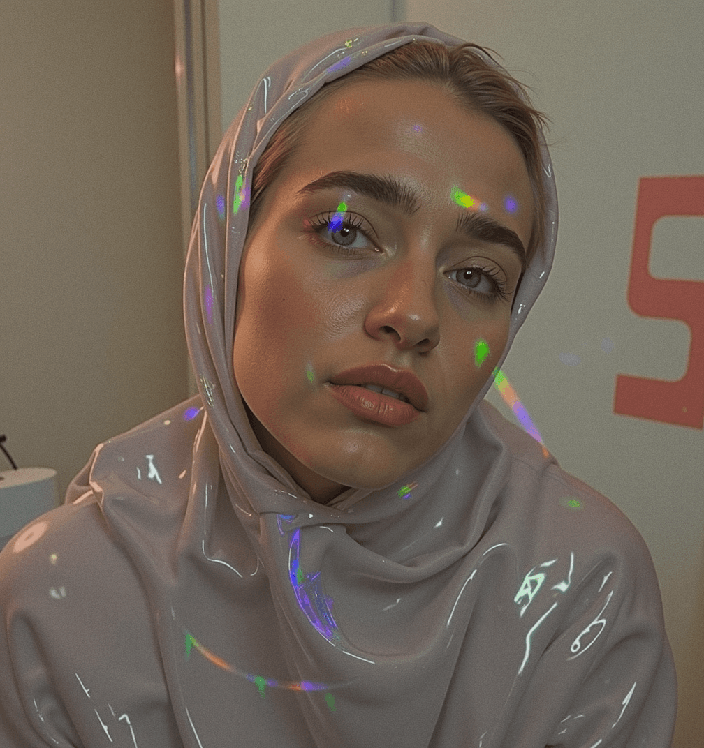 Photo transformed into holographic cyber manga style with AI — example 1