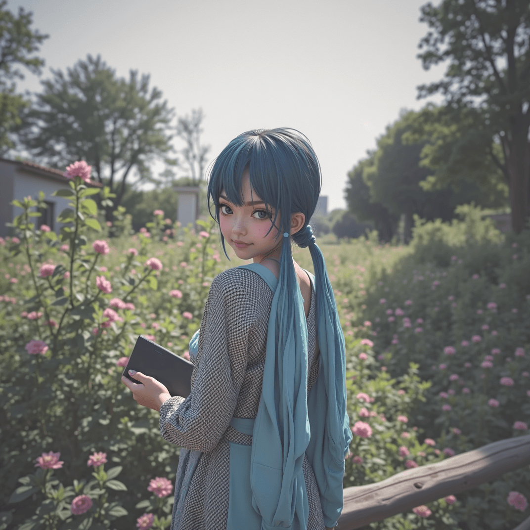 Photo transformed into holographic cyber manga style with AI — example 3